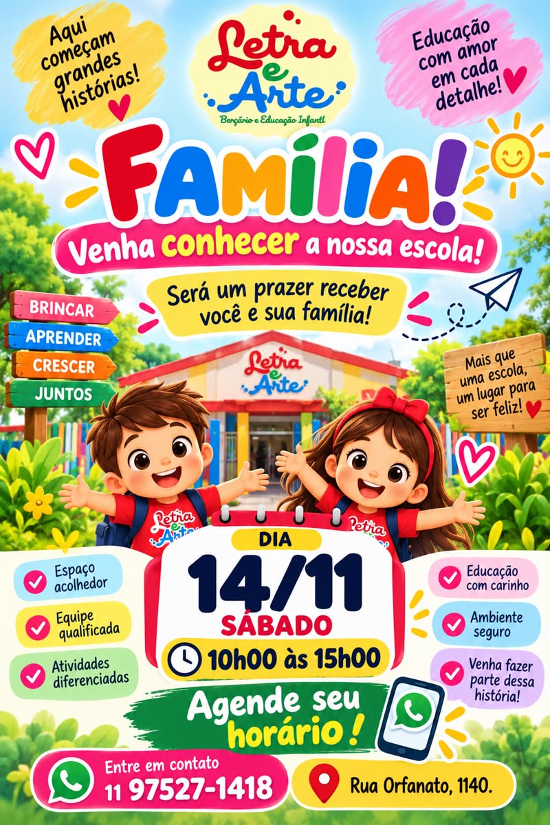 Dia da Família na Escola Letra e Arte: sábado, 14/11, das 10h às 15h. Venha conhecer a nossa escola — agende seu horário.